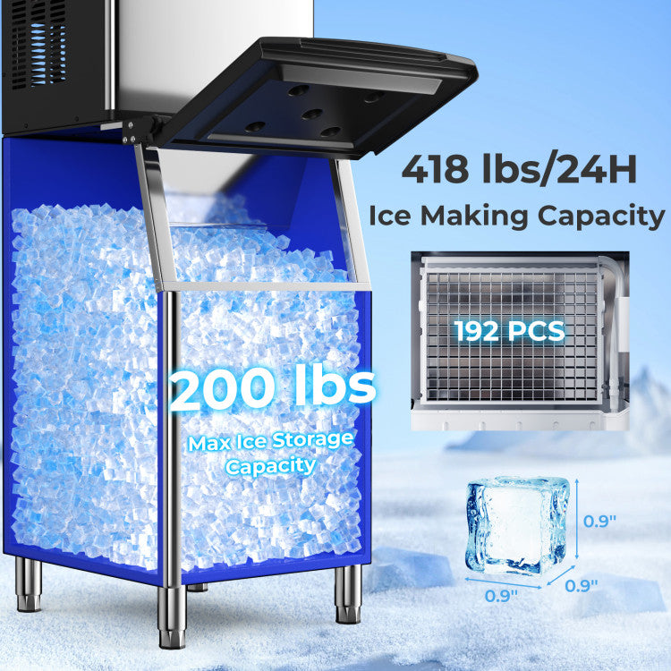 Commercial Ice Maker Machine 418 LBS/24H with 200 LBS Storage Bin