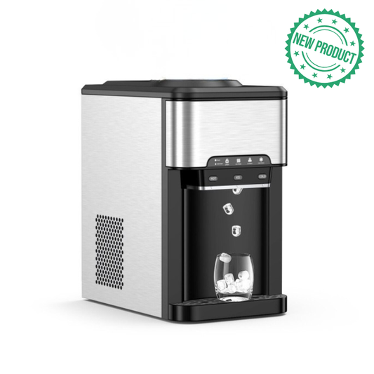 Modern water dispenser with a glass of water on a white background, labeled as a new product.