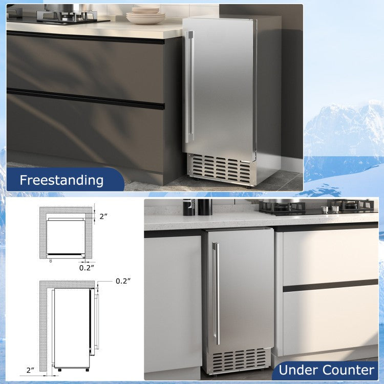 Stainless steel refrigerator with freestanding and under-counter options, showing dimensions.