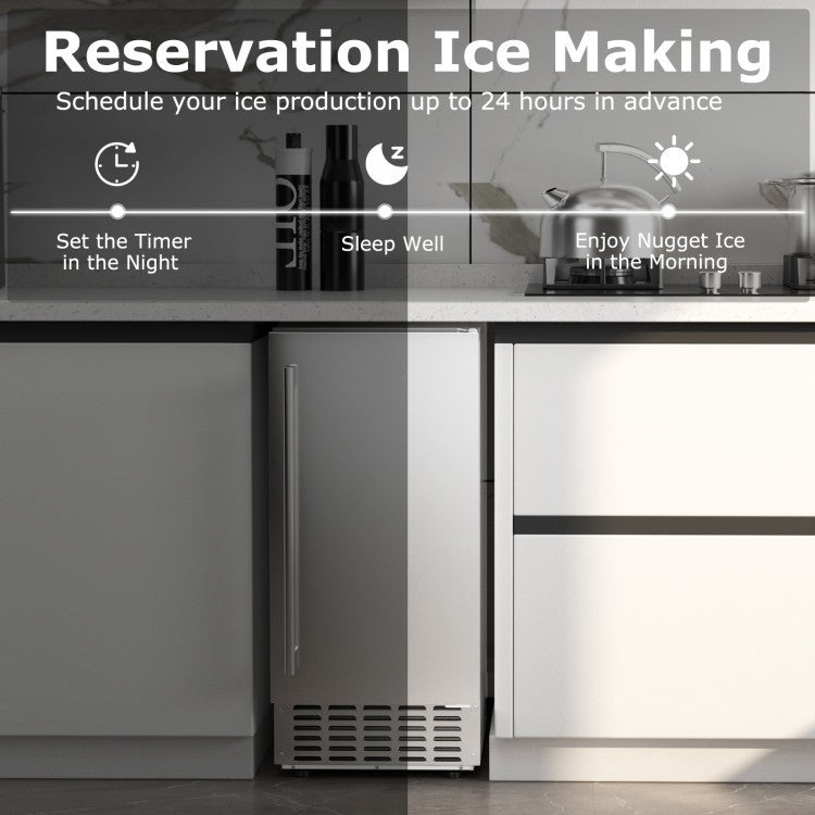 Stainless steel refrigerator with ice maker in a kitchen setting, featuring text about reservation ice making.