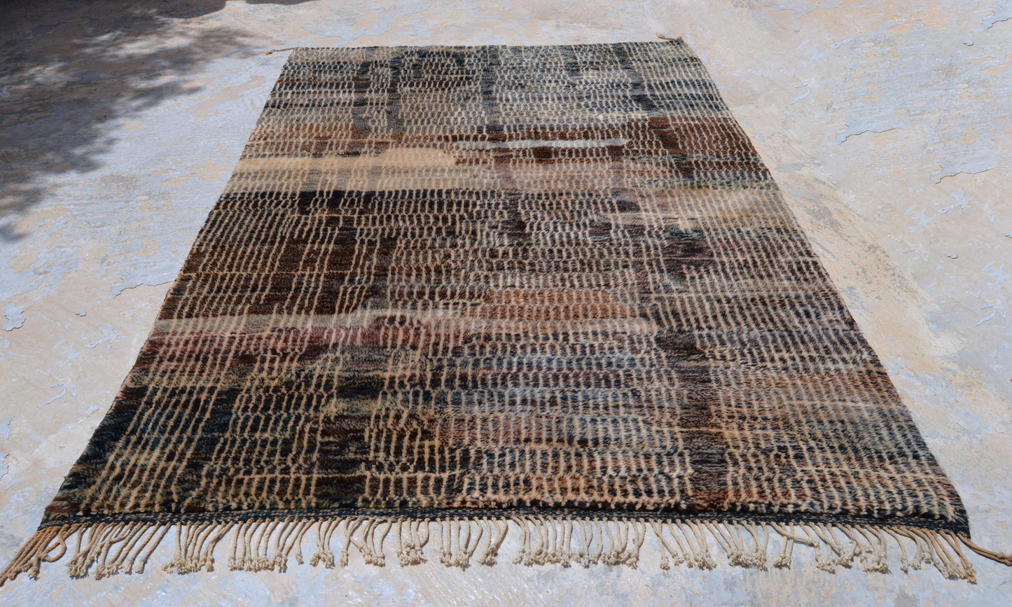 Moroccan Area Mrirt rug, Beni ourain rug, Boho Hand knotted wool carpet, Handmade Azilal Tribal rug, Tapis berbère Teppich, Brown Beige.