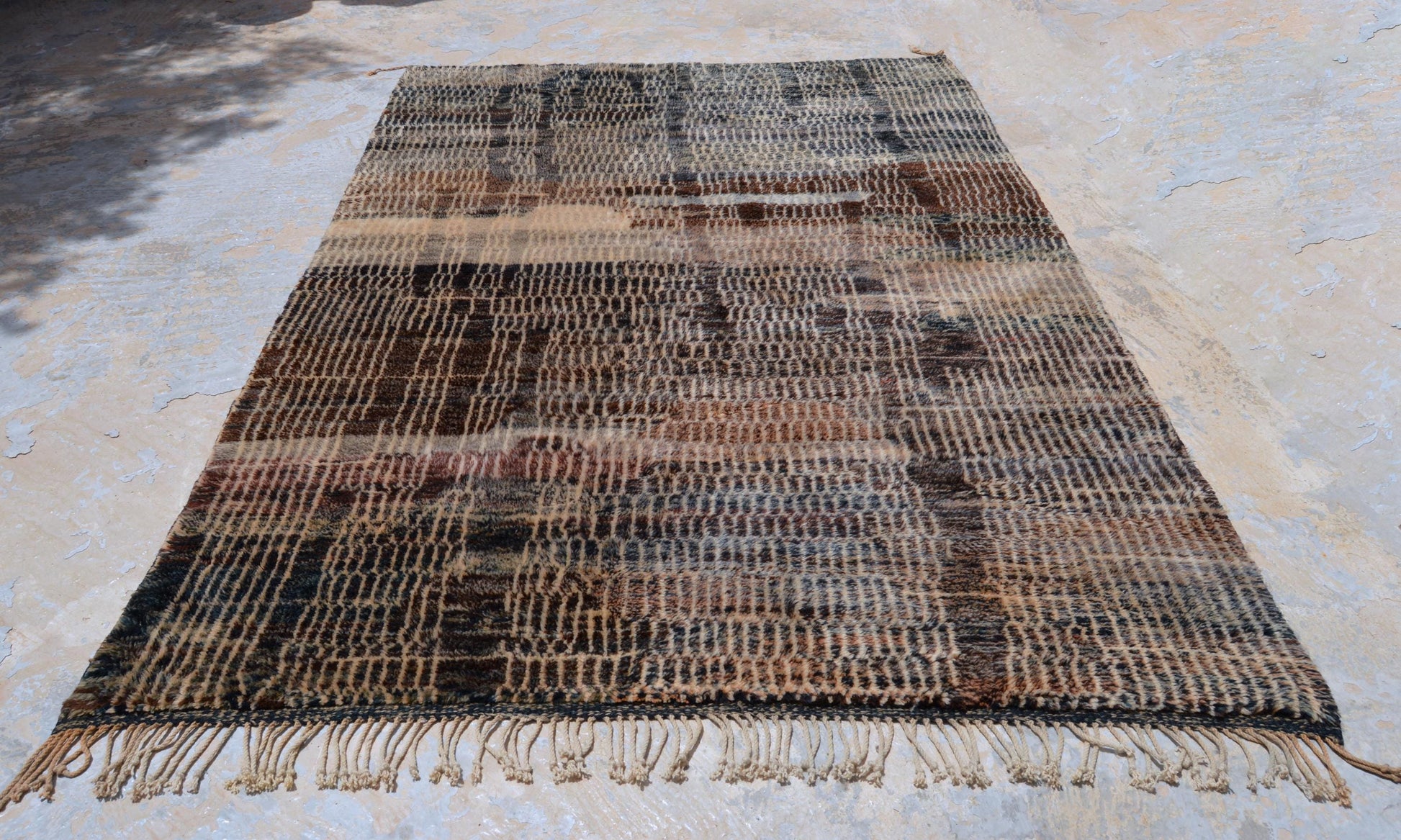 Moroccan Area Mrirt rug, Beni ourain rug, Boho Hand knotted wool carpet, Handmade Azilal Tribal rug, Tapis berbère Teppich, Brown Beige.
