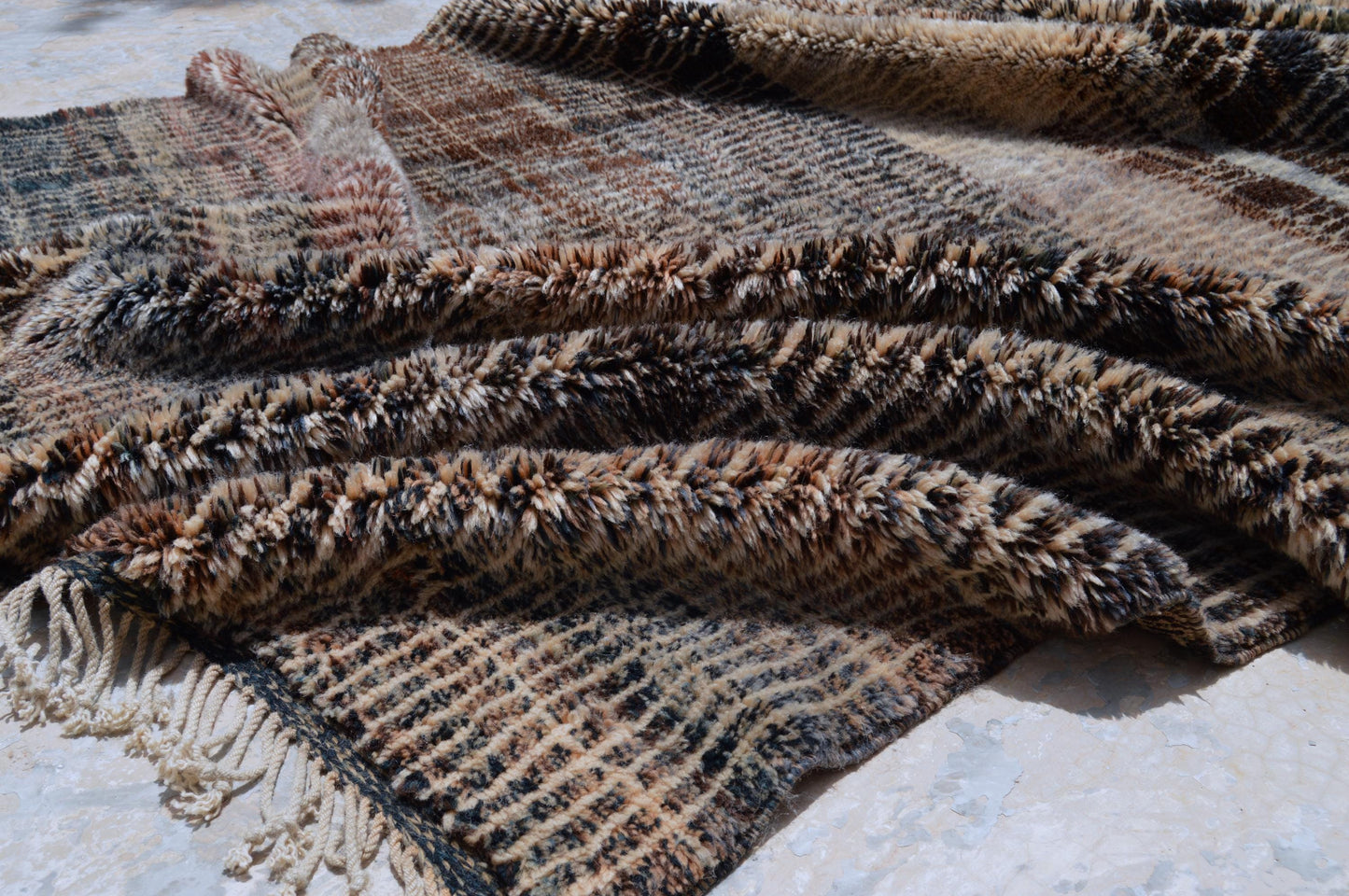 Moroccan Area Mrirt rug, Beni ourain rug, Boho Hand knotted wool carpet, Handmade Azilal Tribal rug, Tapis berbère Teppich, Brown Beige.