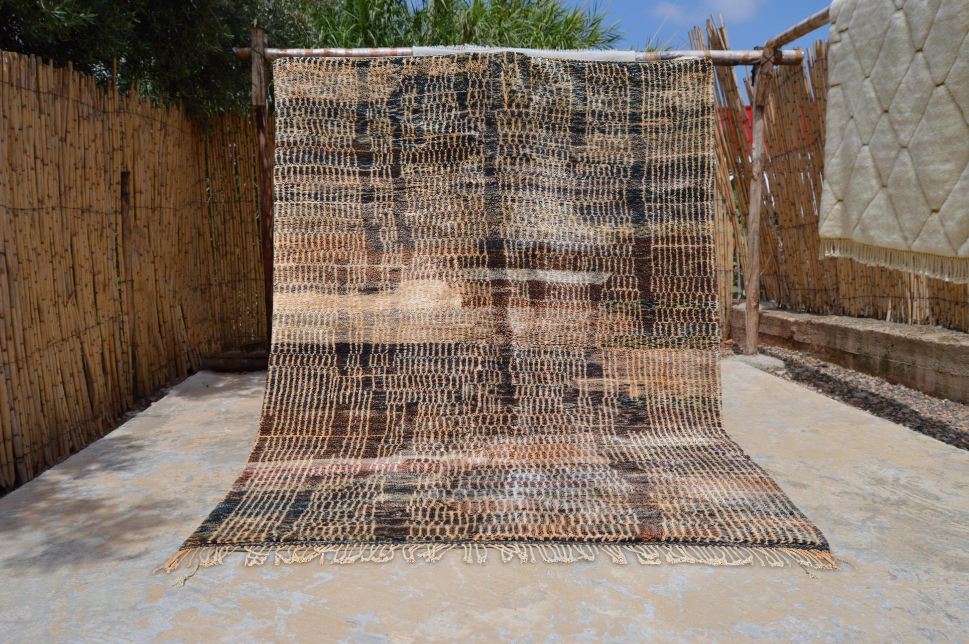 Moroccan Area Mrirt rug, Beni ourain rug, Boho Hand knotted wool carpet, Handmade Azilal Tribal rug, Tapis berbère Teppich, Brown Beige.