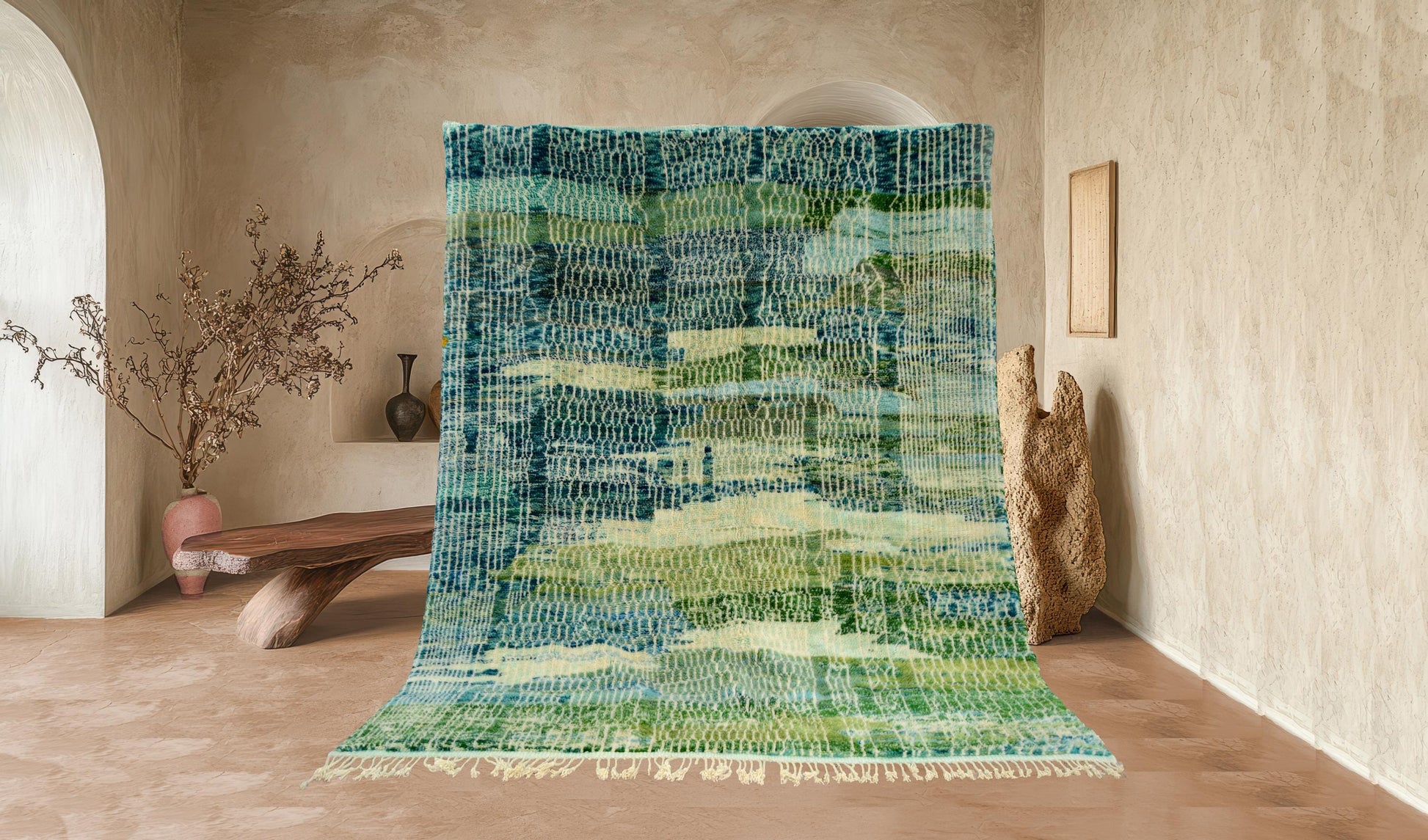 Moroccan Area rug, Wool Mrirt rug, Beni Ourain rug, Handmade carpet, Home decor, Boho wall rug, geometric rug, living room, Green Blue Beige