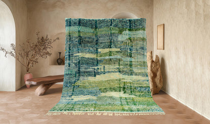 Moroccan Area rug, Wool Mrirt rug, Beni Ourain rug, Handmade carpet, Home decor, Boho wall rug, geometric rug, living room, Green Blue Beige
