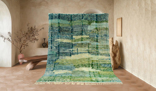 Moroccan Area rug, Wool Mrirt rug, Beni Ourain rug, Handmade carpet, Home decor, Boho wall rug, geometric rug, living room, Green Blue Beige
