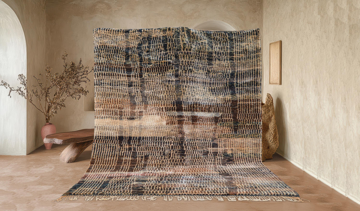 Moroccan Area Mrirt rug, Beni ourain rug, Boho Hand knotted wool carpet, Handmade Azilal Tribal rug, Tapis berbère Teppich, Brown Beige.
