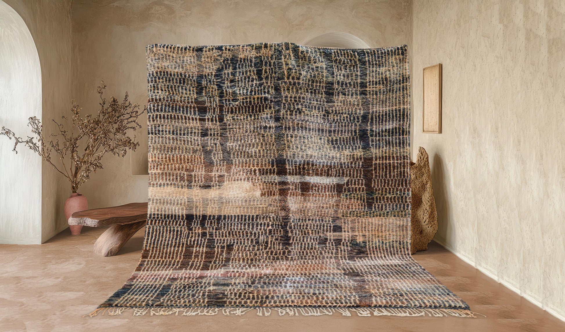 Moroccan Area Mrirt rug, Beni ourain rug, Boho Hand knotted wool carpet, Handmade Azilal Tribal rug, Tapis berbère Teppich, Brown Beige.